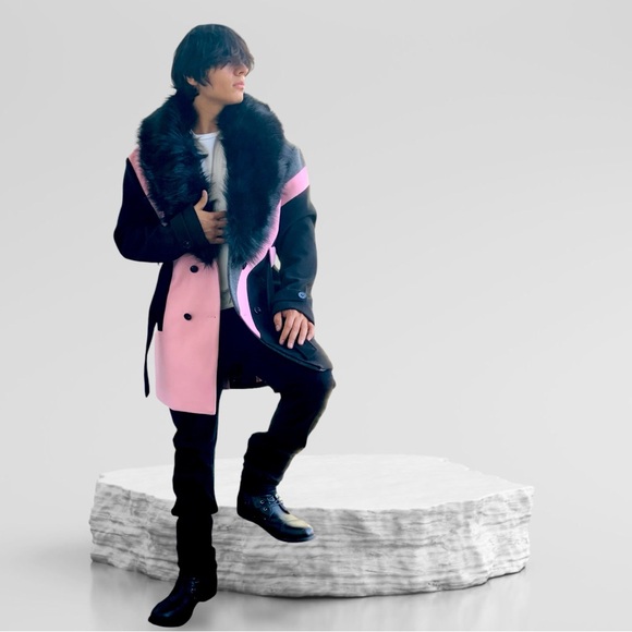 Men’s Pink | Grey | Black Double Breast Coat with Faux Fur NWT - Picture 3 of 9